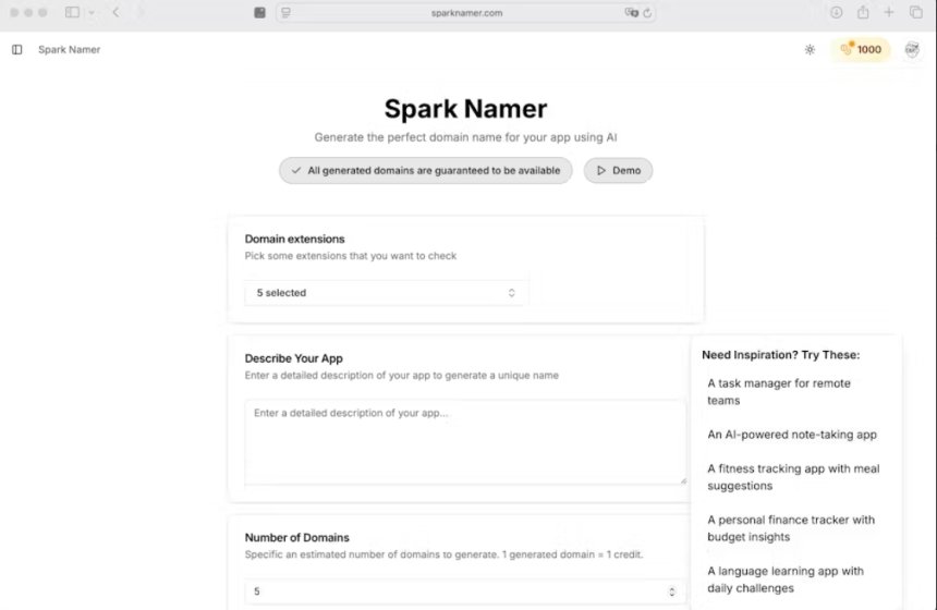 Spark Namer: ხელოვნური ინტელექტი, რომელიც თქვენს მომავალ ბრენდს სახელს შეურჩევს (და დომენსაც შეამოწმებს)